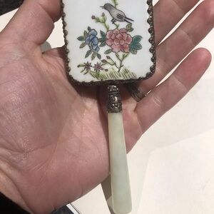 White Floral Porcelain Hand Mirror with Decorative Handle